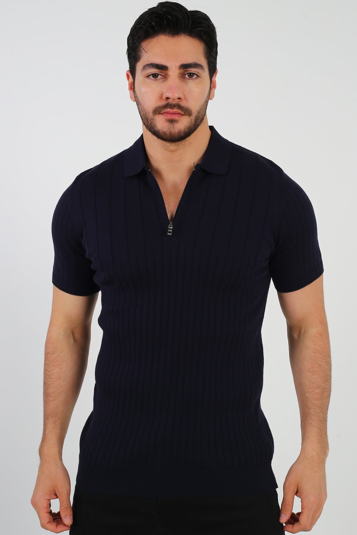 Premium men's off-white ribbed zip polo shirt in a high-gauge smart casual luxury knit.