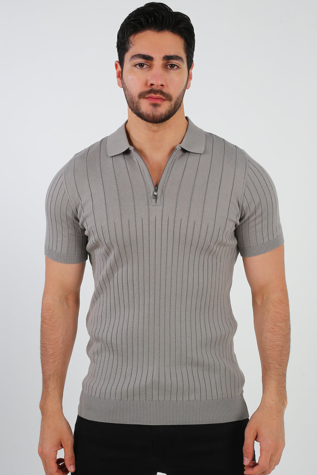 the-meridia
Premium men's off-white ribbed zip polo shirt in a high-gauge smart casual luxury knit.